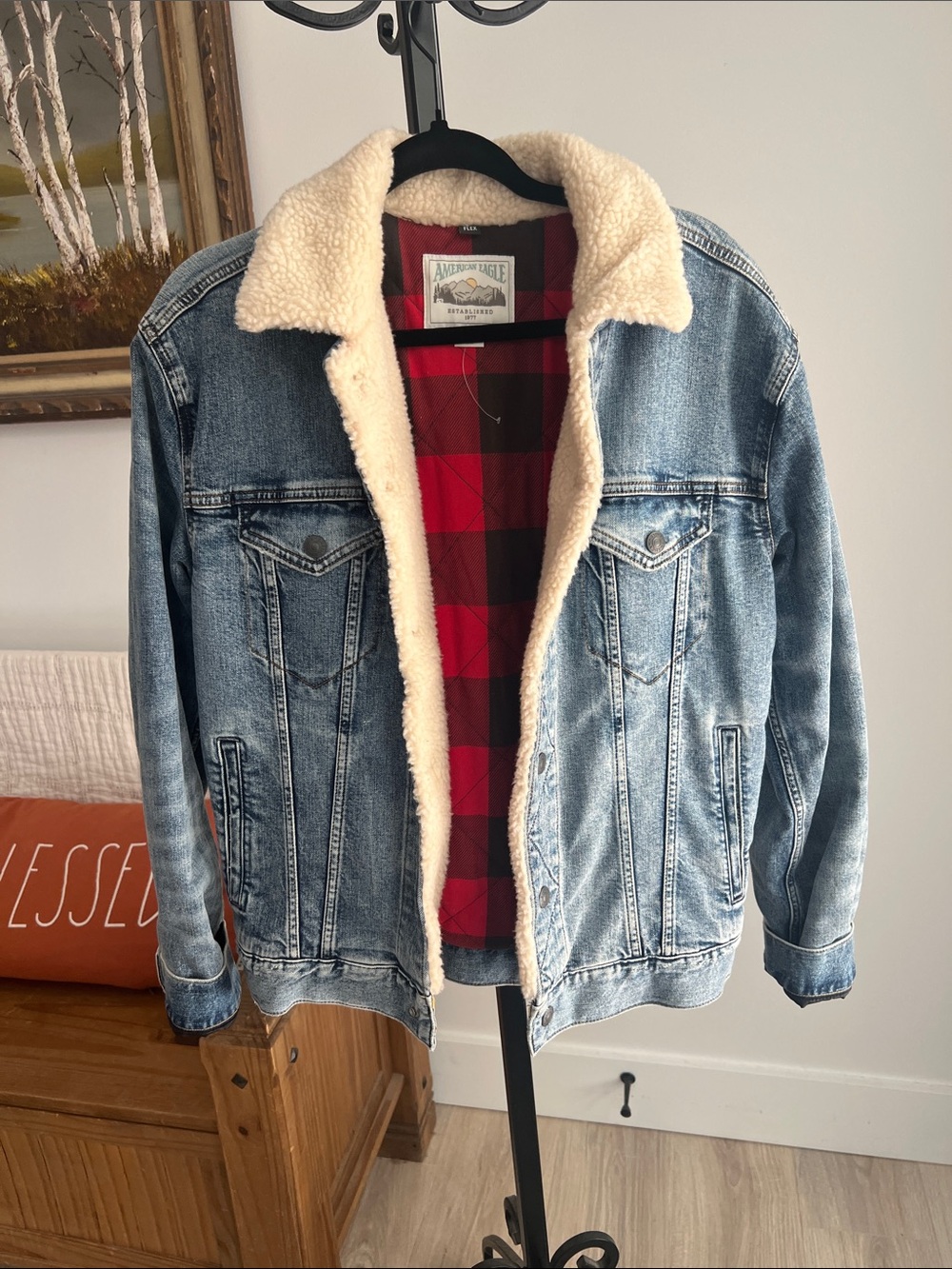 American Eagle Outfitters Blue Denim Sherpa-Lined Jacket with Red Plaid Interior